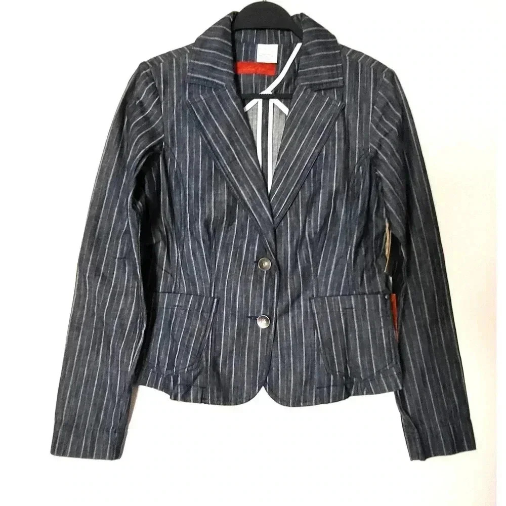 Level 99 Women's Pinstripe Blazer Jacket Blue White Cotton‎ Button Front Size L